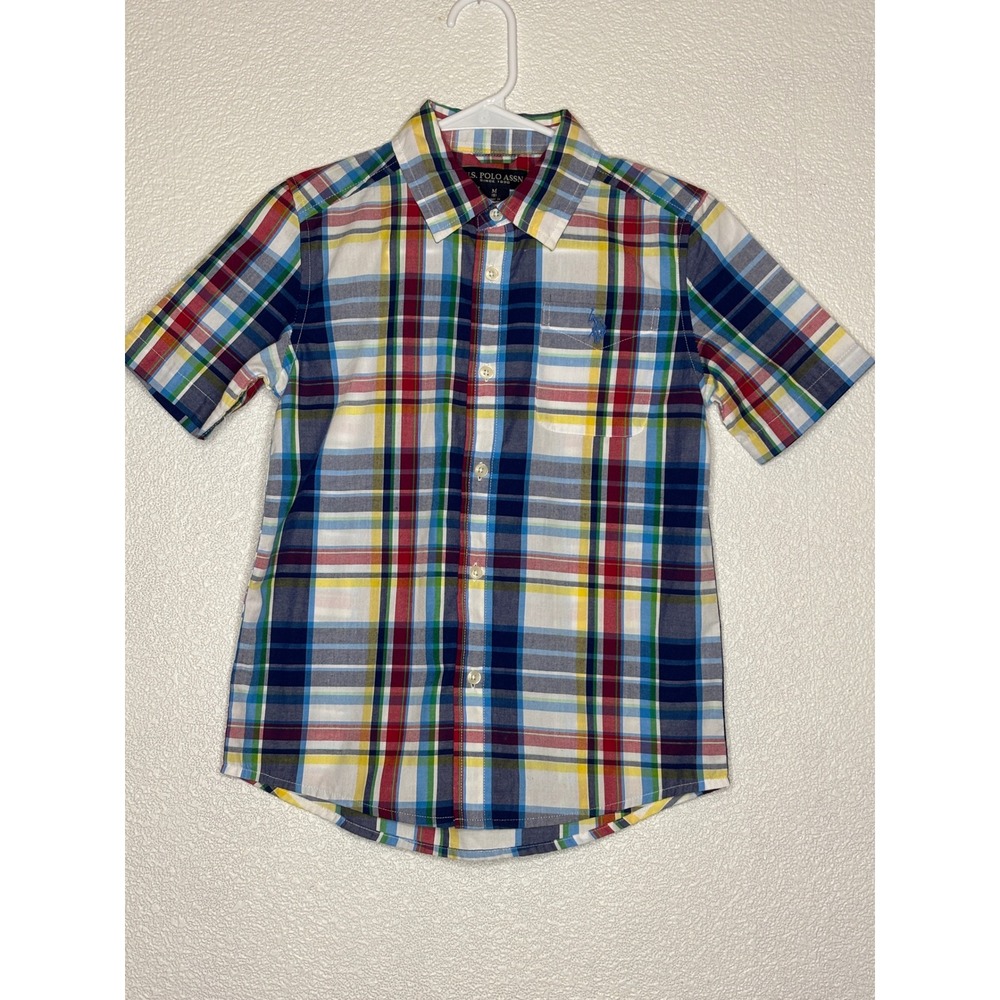 US Polo Assn Kids Med (8) Plaid Short Sleeve Button Down Shirt  Blue‎ Red Yellow